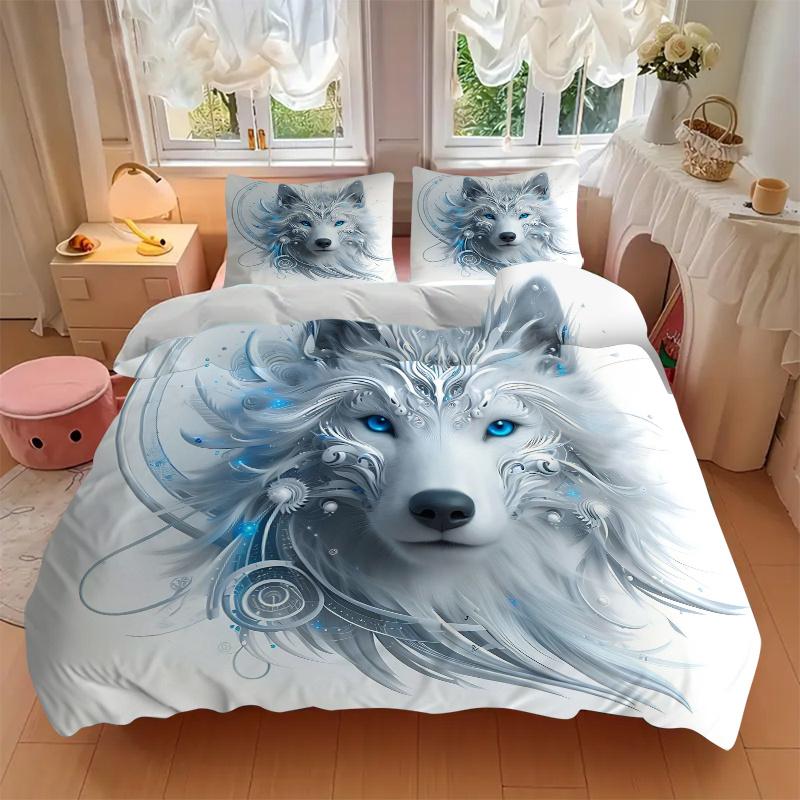 3pcs Enchanted Moonlit Wolf Design Print Bedding Set (1 Cover + 2 Pillowcases, Without Inserts), This Printed Bedding Set is Soft and Comfortable