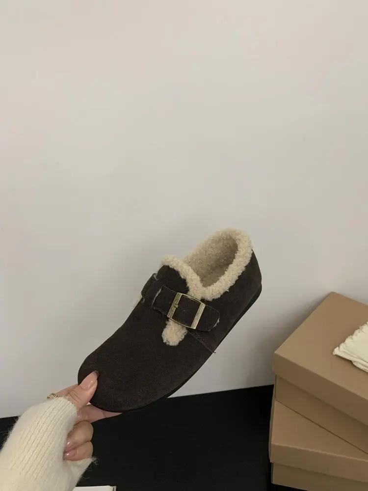 2024 Зимние ретро женские туфли из овечьей шерсти теплые меховые мокасины на плоской подошве женские уличные водонепроницаемые ботильоны ленивые мокасины обувь для вождения