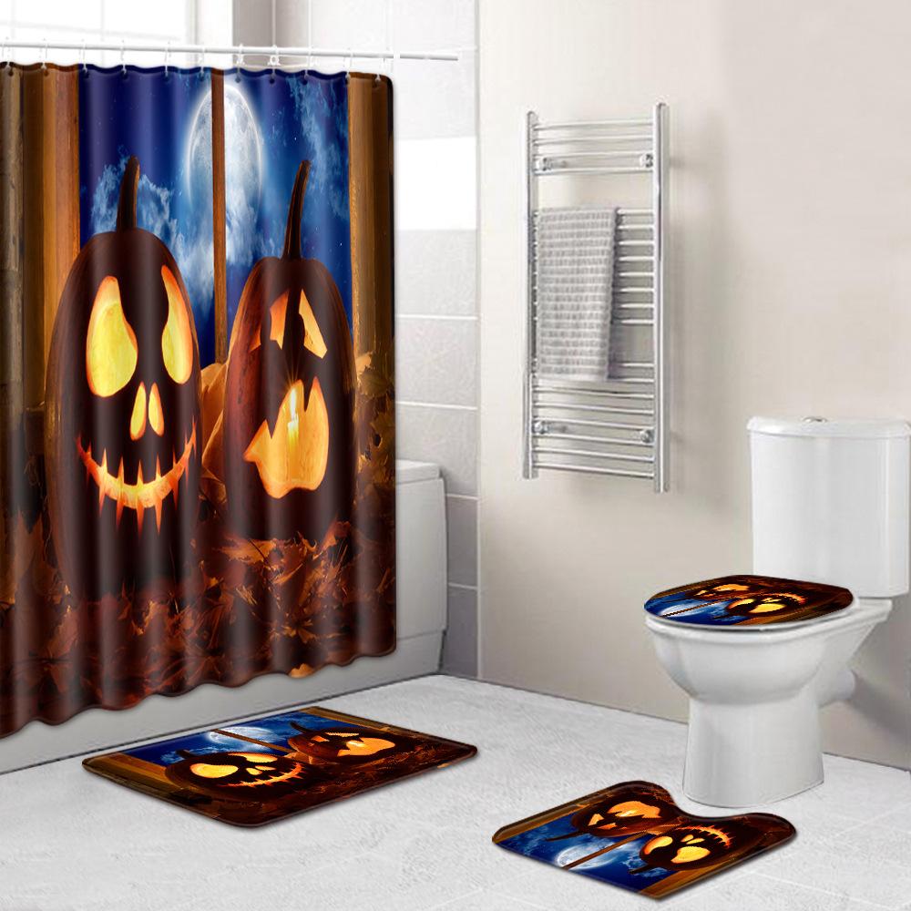Halloween Shower Curtain Floor Mat Combination Four-Piece Set Bathroom Toilet Carpet Door Mat
