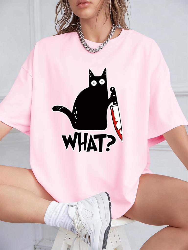 Black Cat Holding A Knife Prints Short Sleeve T-Shirts Womens Summer Cotton Tee Shirts Loose O-Neck Soft Tops Street Clothes