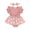 Infant Baby Girl Romper Dress Daisy Print Short Sleeve Round Neck Jumpsuit with Bow Headband