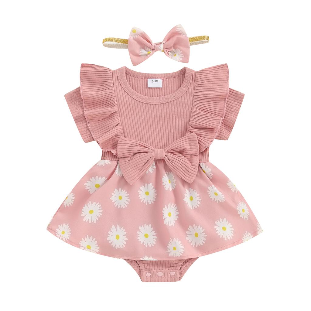 Infant Baby Girl Romper Dress Daisy Print Short Sleeve Round Neck Jumpsuit with Bow Headband