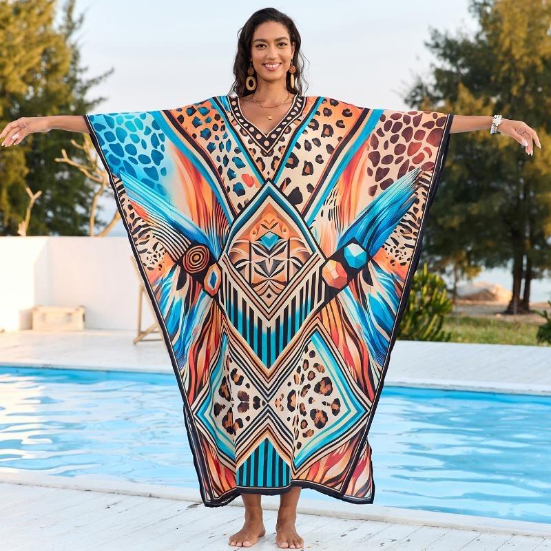 Beach Cover Ups Flower Tie Dye Water Wave Printed Kaftans for Women Summer Maxi Dresses Holiday Bating Suits