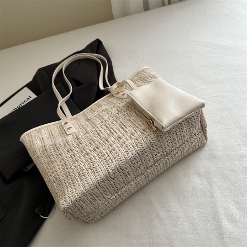 PU Weave Tote Bag Solid Color Beach Straw Handbag Simple Straw Shoulder Bag Women