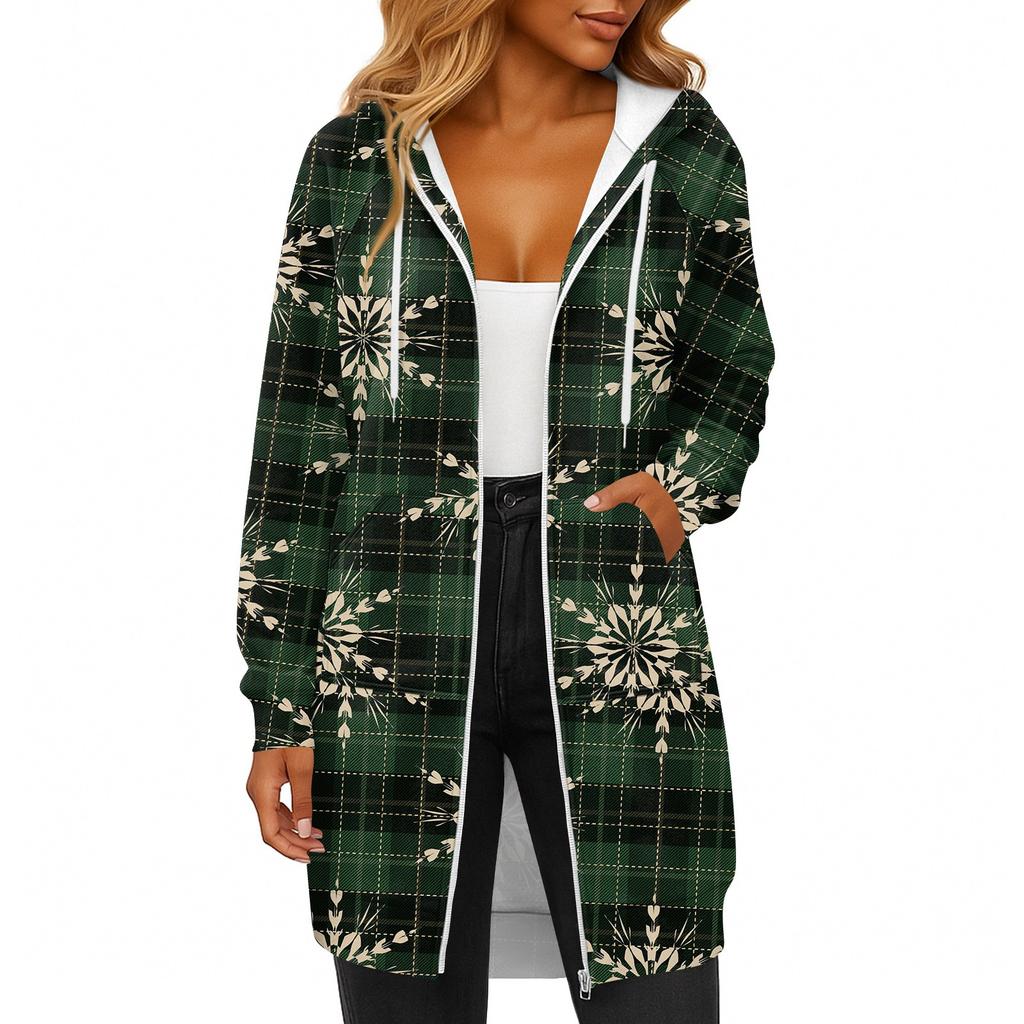 Women's Fashionable Christmas Printed Long Sleeved Drawstring Hooded Zipper Pocket Long Casual Sweatshirt Jacket