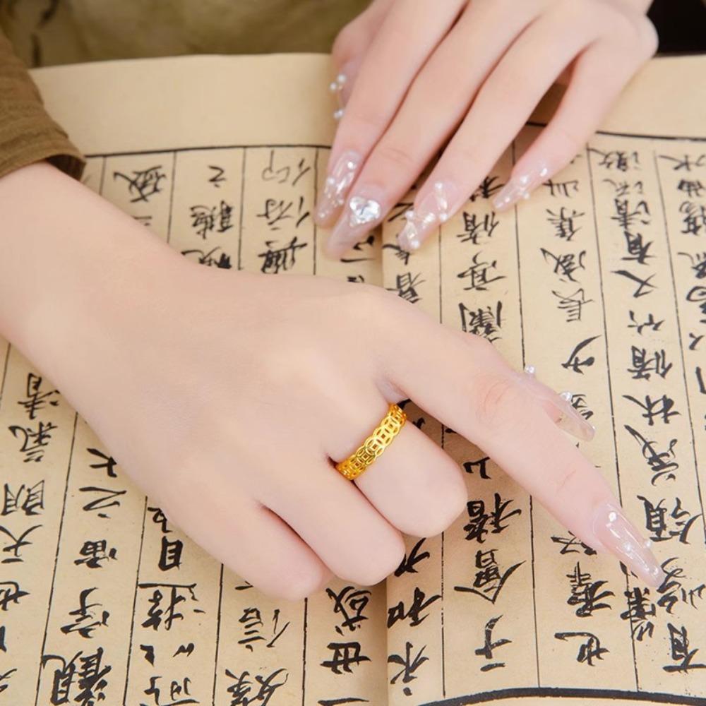 Chinese Style Hollow Coin Rings for Women Couples Simple Gold Plated Money Rings for Wealth and Luck