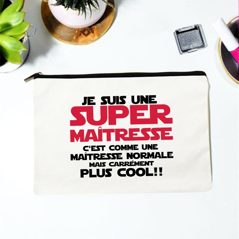 Teacher Superpower French Letter Print Women Cosmetic Bag Canvas Zipper Makeup Pouch Purse Organizer Pencil Bags Toiletry Bag