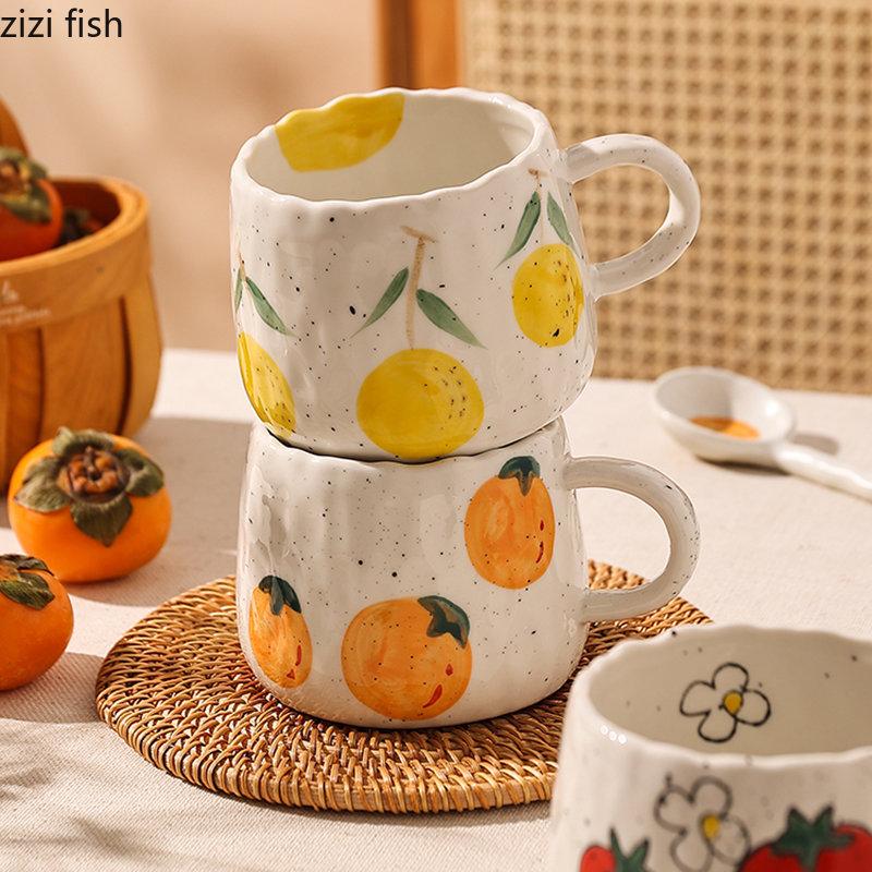 Ceramic Mug Coffee Cup Glazed Surface Cartoon Fruit Doodle Children Mugs Coffee Cups Strawberry Children's Porcelain Cup