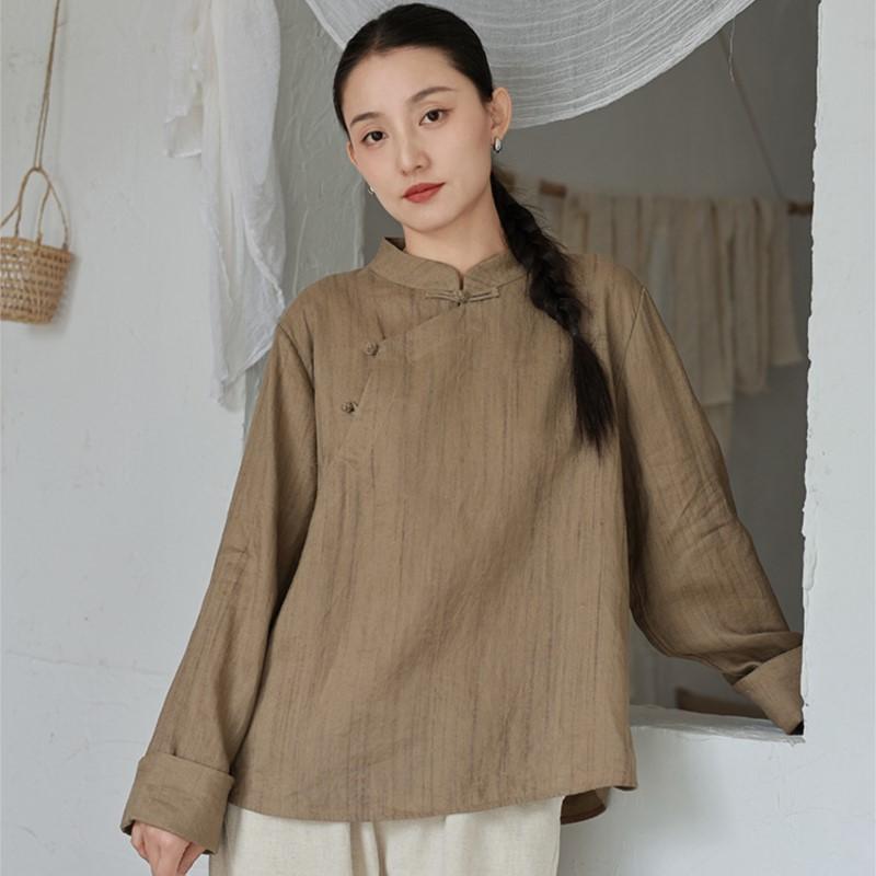 Johnature Женские китайские рубашки, топы, стойка, длинный рукав, блузки на пуговицах, весенние винтажные мягкие женские рубашки