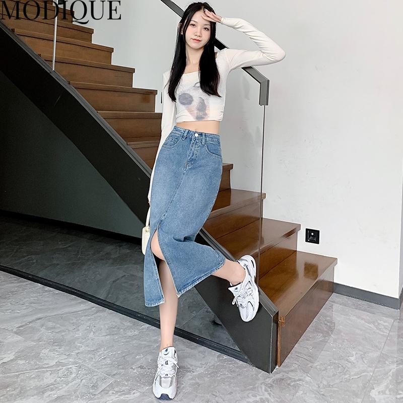 MODIQUE, осенняя новая женская повседневная винтажная джинсовая длинная юбка трапециевидной формы с высокой талией, женская свободная однотонная милая рваная синяя юбка, зимняя
