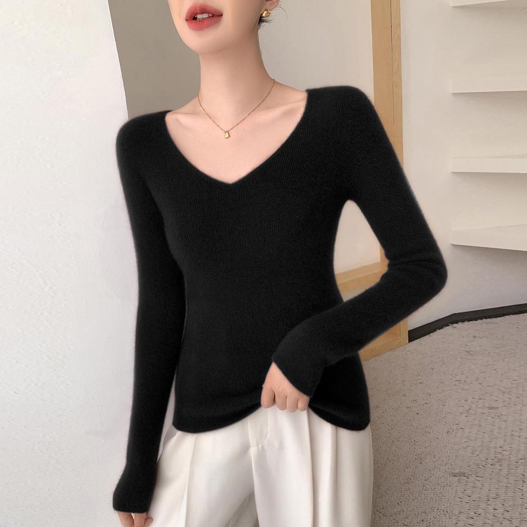 Women's V-Neck Cashmere Pullover - Loose Fit Solid Color Base Layer for Autumn/Winter