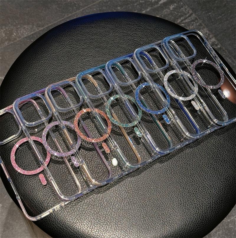 Роскошный блестящий чехол Magsafe для беспроводной зарядки для iPhone 16 15 14 13 12 Pro Max Plus Магнитное покрытие Прозрачная жесткая задняя крышка