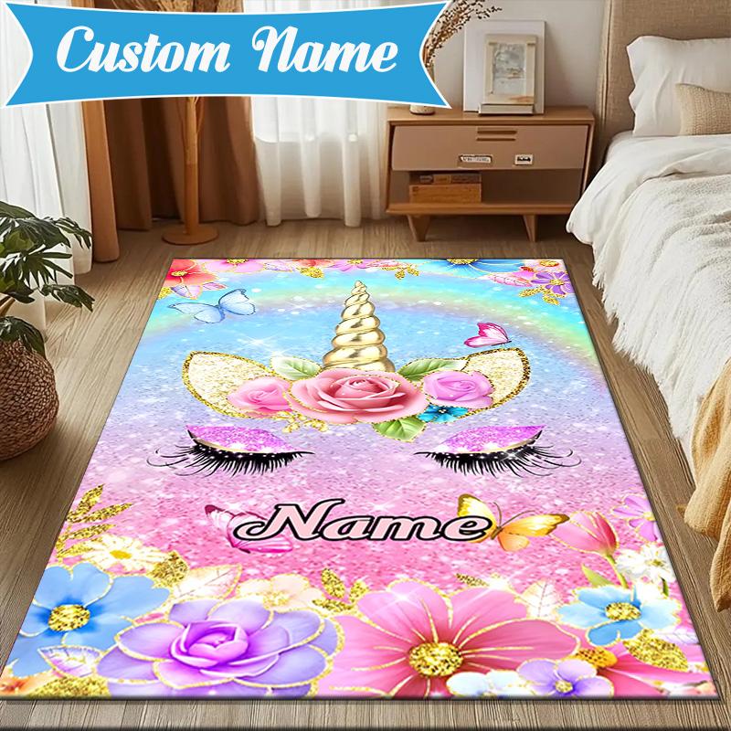 Custom Name Unicorn Fantasy Rug for Living Room, Game Rooms, Office, Bedroom, Floor Mat Playful Design, fan gifts Christmas decor