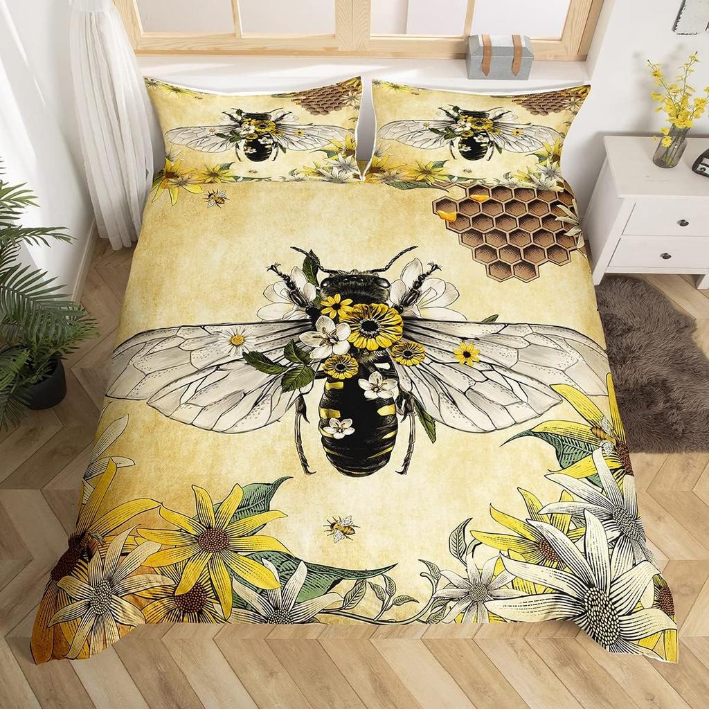 Bee Duvet Cover Twin Honeybee Bedding Set Farmhouse Wild Animal Comforter Cover Boho White Daisy Flowers Floral Wreath Bed Set