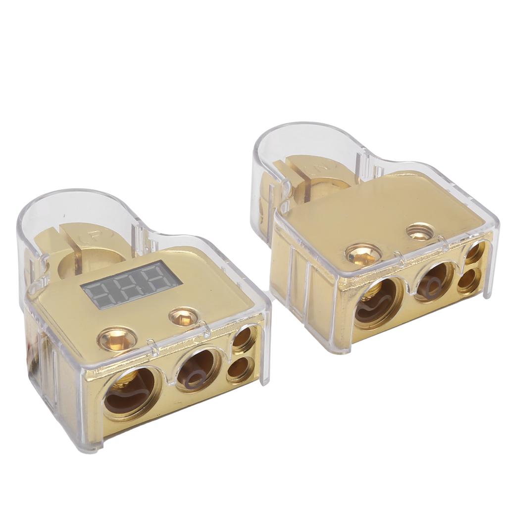 Car Battery Terminal Connectors Kit with Digital Voltmeter Display Stardand 0 4 8 10 AWG GaugeGold