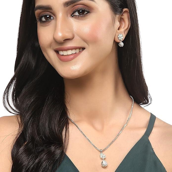 Plated Silver Toned Green Cubic Zirconia Studded Floral Shaped Cute Pendant with Earrings Jewellery Set