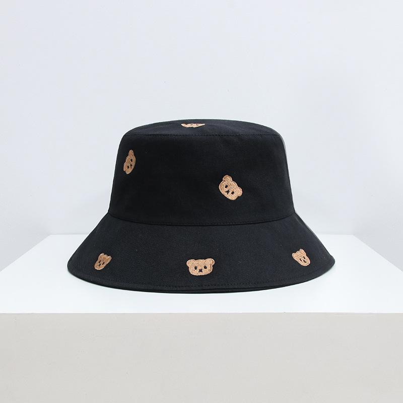 Women's Korean-style embroidered cartoon bear bucket hat, versatile sun protection hat, student face-shielding hat, trendy spring and autumn bucket