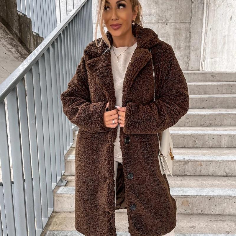 Giacca Lunga Invernale Autunnale Manica Lunga Risvolto Donna Taglie Forti Caldo Pile Peluche Cappotti Lunghi Donna Larga Casual Monocolore Giubbotti Donna 24959