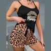 Летняя молочная шелковая пижама женская напечатанная черная бретелька через шею с леопардовым принтом шорты губ домашняя одежда для отдыха костюм