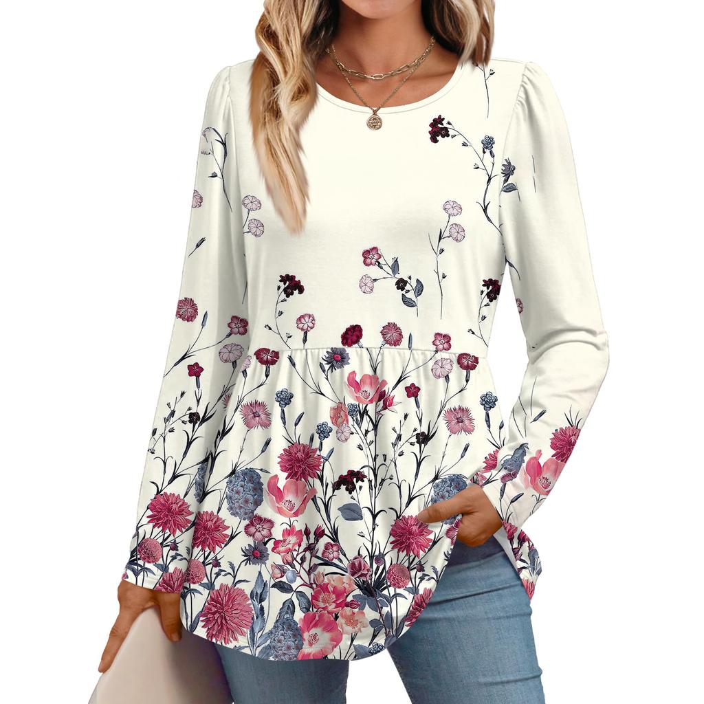 Women's Casual Fashion Long Sleeve Shirt Floral Printed Tunic Top