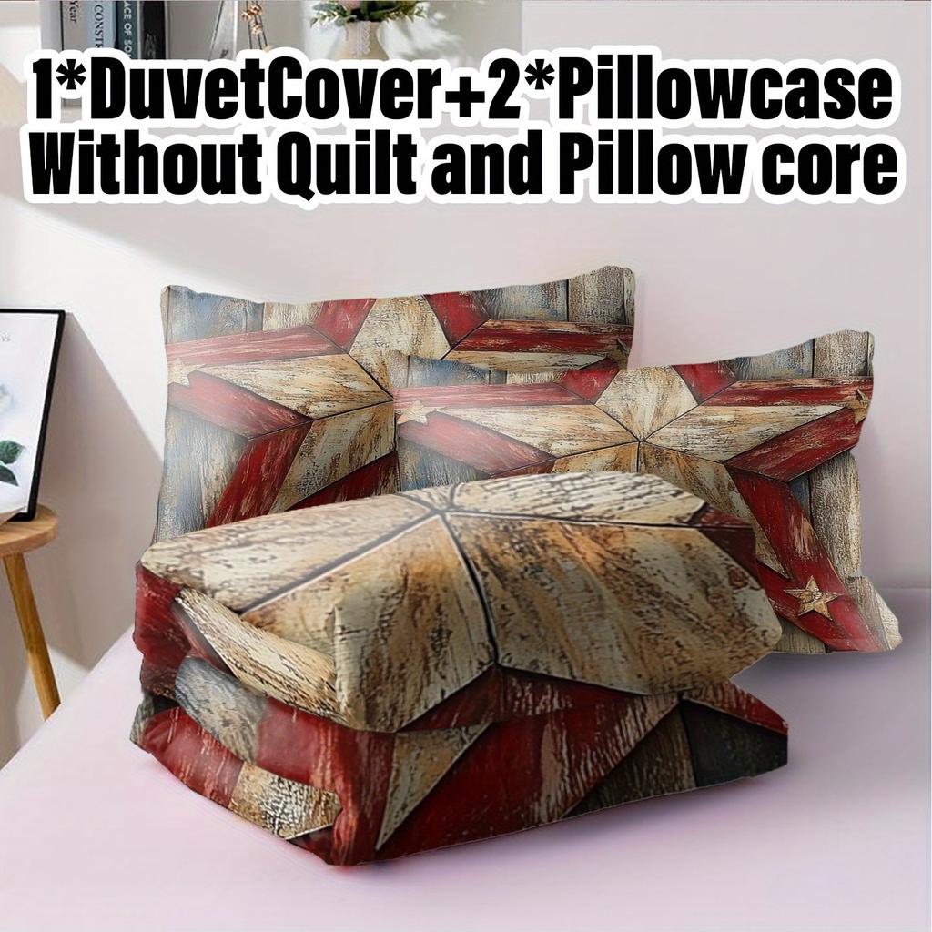3pcs Duvet Cover Set without Core 1 Quilt Cover + 2 Pillowcases Rustic Barn Star Design Bedding Set for Bedroom, Soft