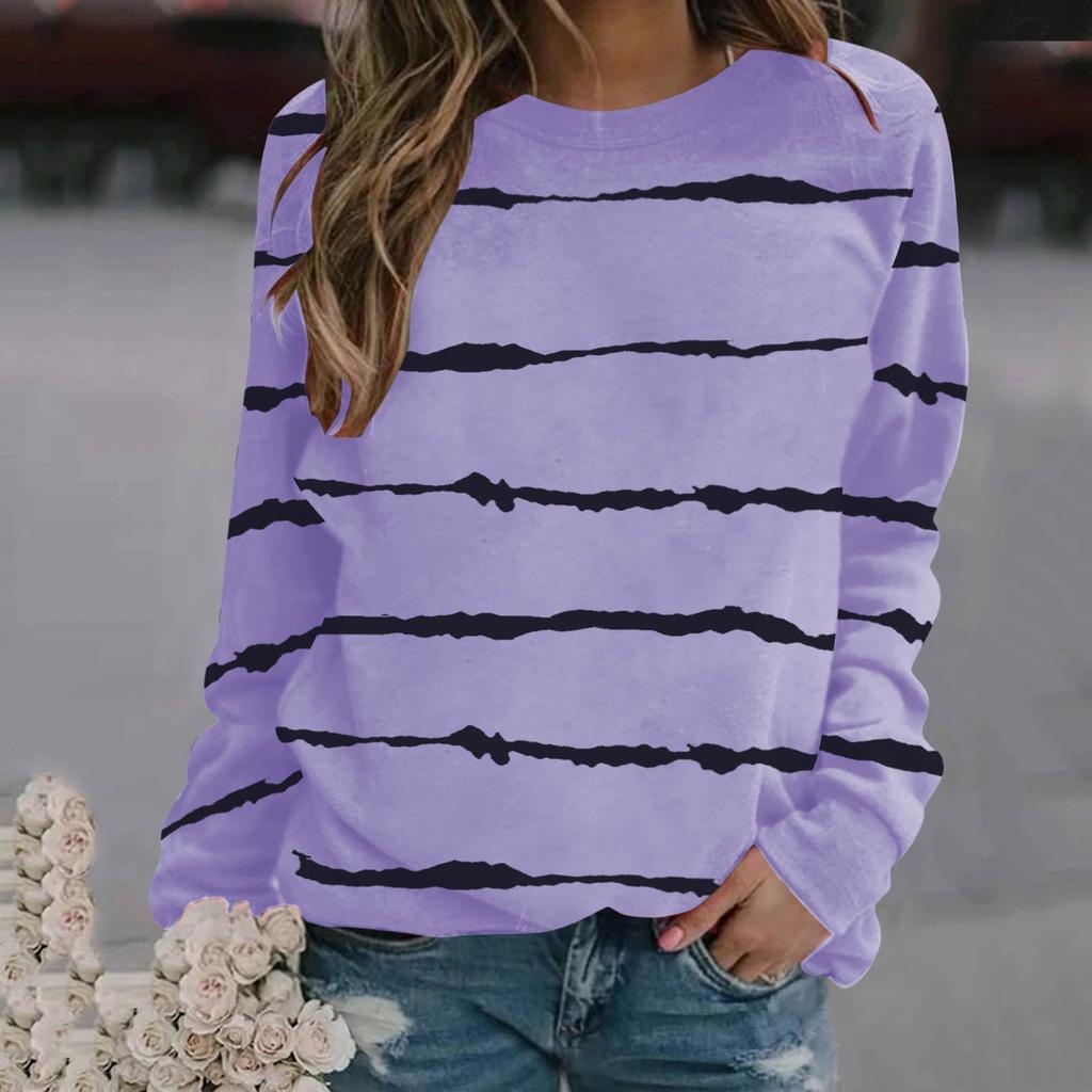 Women's Striped Printed Tops Casual Round Neck Long Sleeve Tops