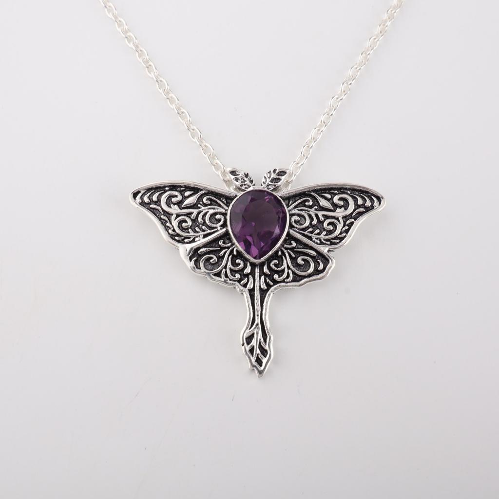 Аметист Драгоценный камень 925 Стерлинговое серебро Ювелирные изделия Подвеска-бабочка 1,2" Для женщин CP-31-3