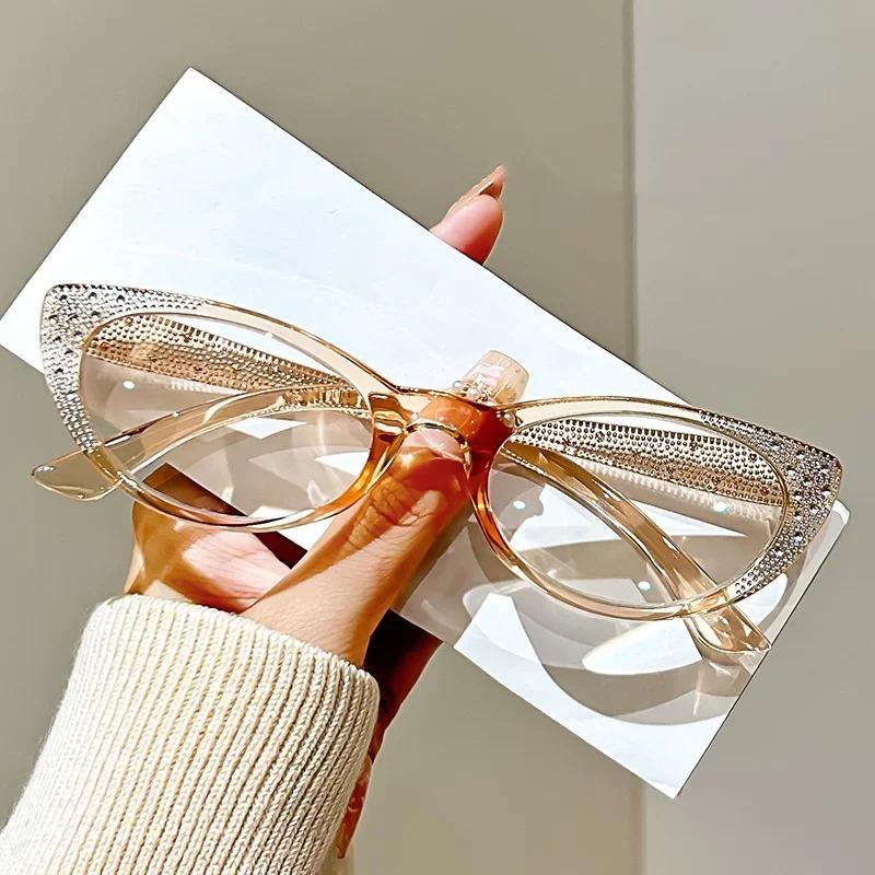 Ретро Маленькая Оправа Кошачий Глаз Очки для Чтения Алмазная Декорация Блокировка Синего Света Очки для Пресбиопии Диоптрии от 0 до +4.0