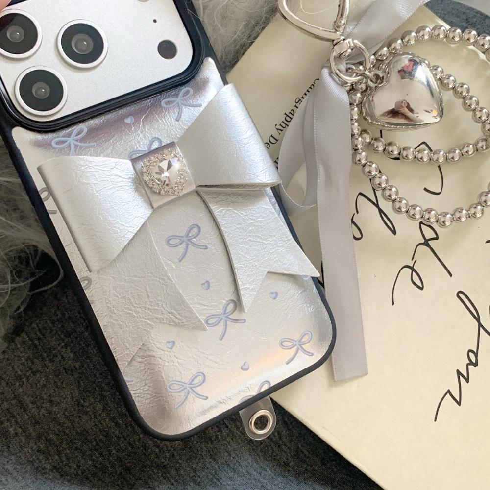 Корейский ins серебряный кожаный трехмерный бант, подходит для чехла для мобильного телефона Apple 17, новый iPhone17promax высокая стоимость 15 тренд 14 блестящий бриллиант 13
