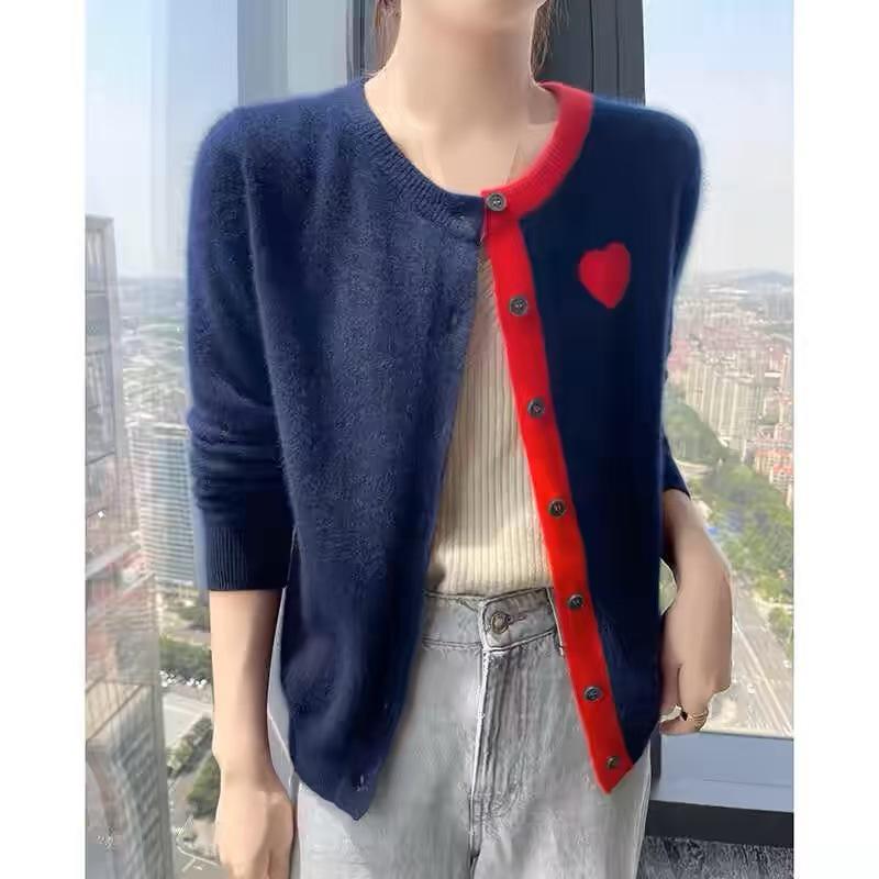 2026 Autumn Winter Women's Korean Heart Embroidered Round Neck Cardigan - Simple Knit, Long Sleeve Sweater