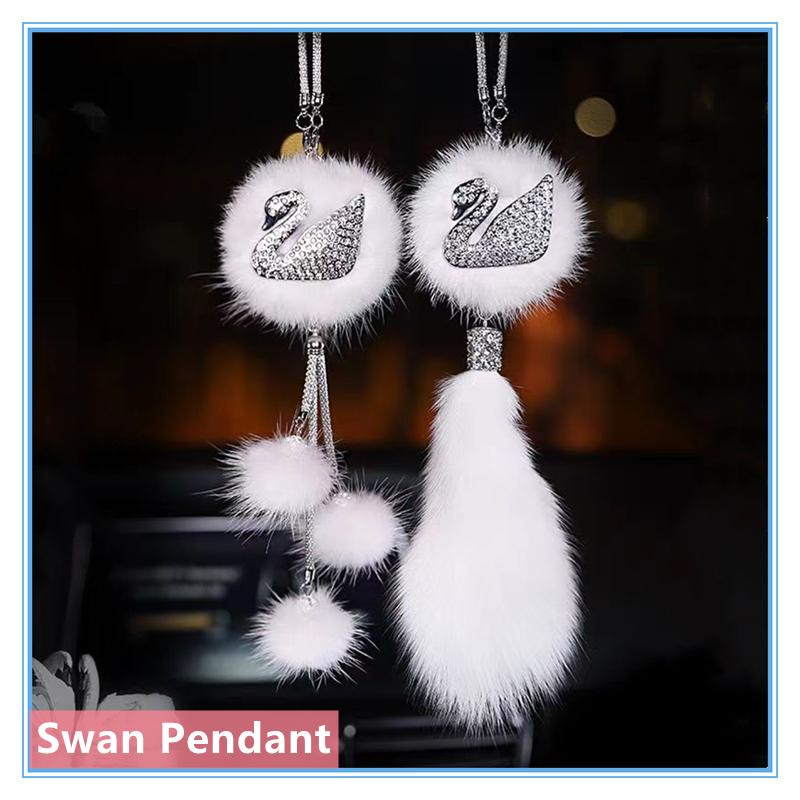 Автомобильный кулон, модный, алмазный, хрустальный, меховой шар, лебедь, элемент декора, автомобильное зеркало заднего вида, подвесные украшения для автомобиля, аксессуары