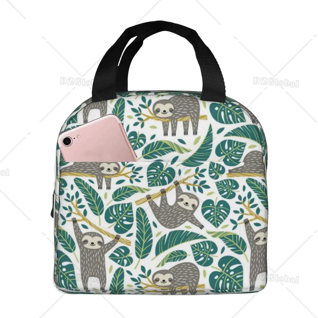 Cute Sloth Insulated Lunch Bag with Front Pocket Reusable Cooler Tote Bag with Zipper for Men Women Thermal Lunch Bento Box
