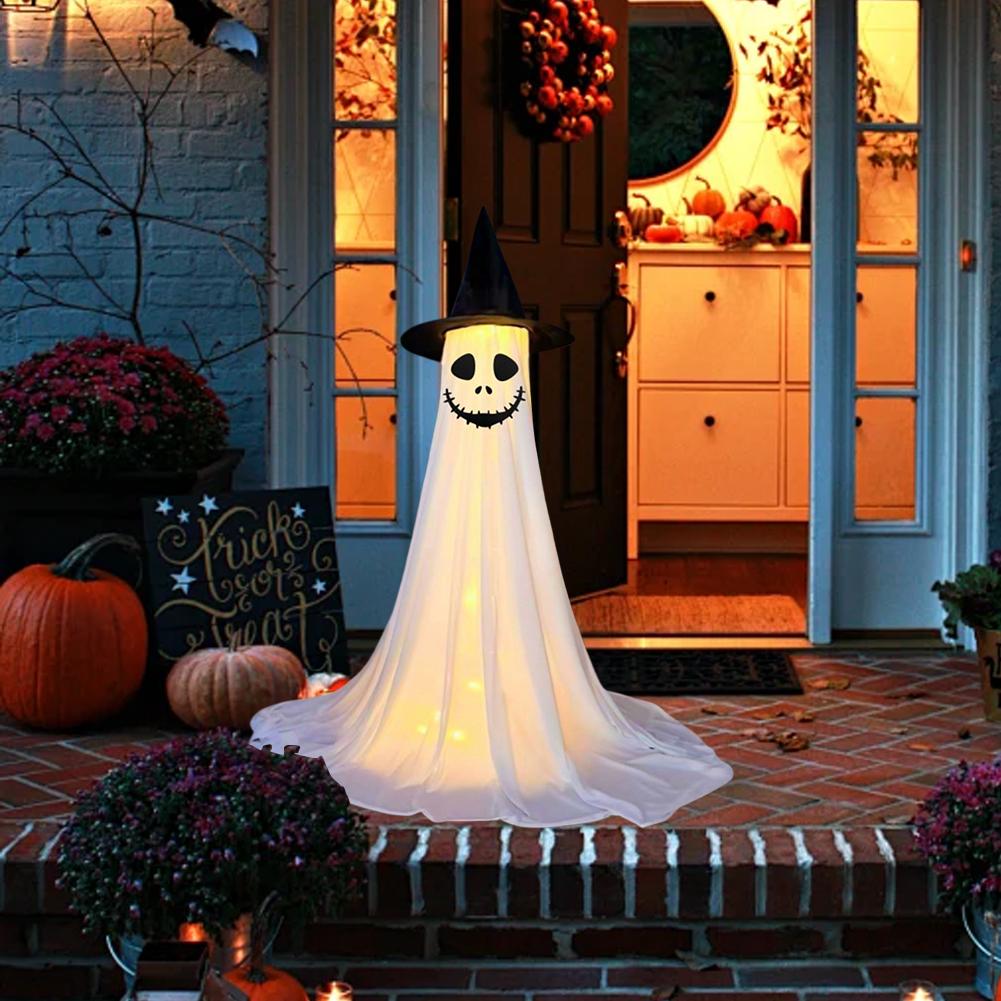 2Pcs LED Glowing Cute Ghost Ornament Battery Powered Light-Up Tripod Ghost Statue IP44 Waterproof for Indoor Bar Party Fireplace