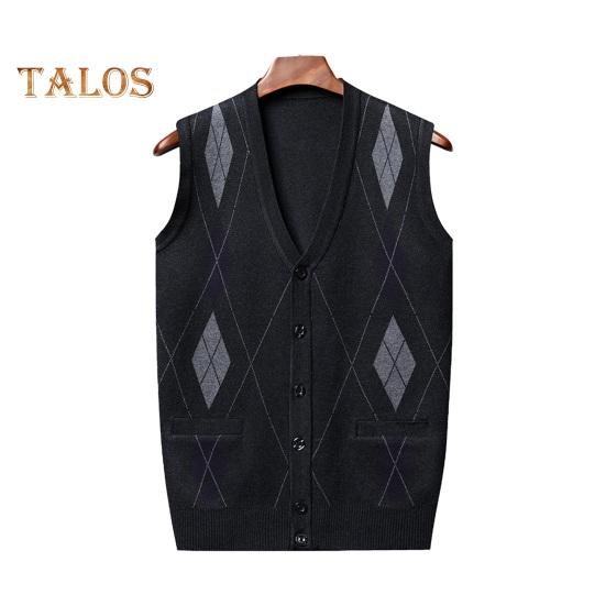 Men Autumn Winter Cardigan Sweater Single-breasted V Neck Sleeveless Buttons Color Matching Stretchy Pockets Knitted Vest Mid-aged Male Top