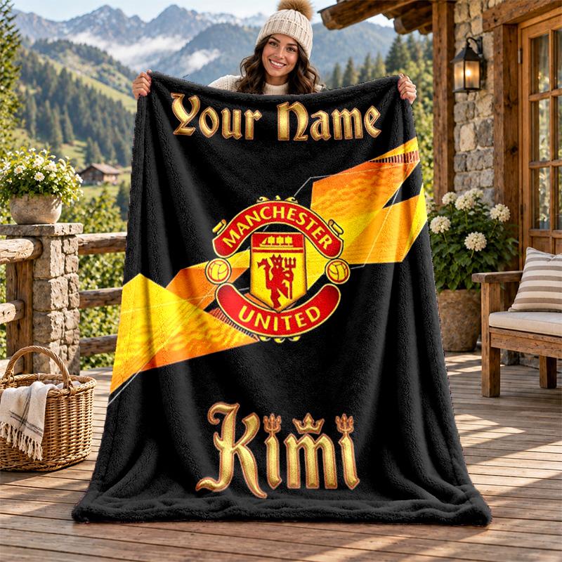 FC Manchester Custom Name Flannel Blanket Personalized Soft Warm Plush Throw Blanket Customized Gift for Family Friends