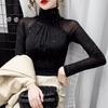 Black Women Half Turtleneck Long Sleeve Pullovers Net Yarn Patchwork See Through Slim Tops
