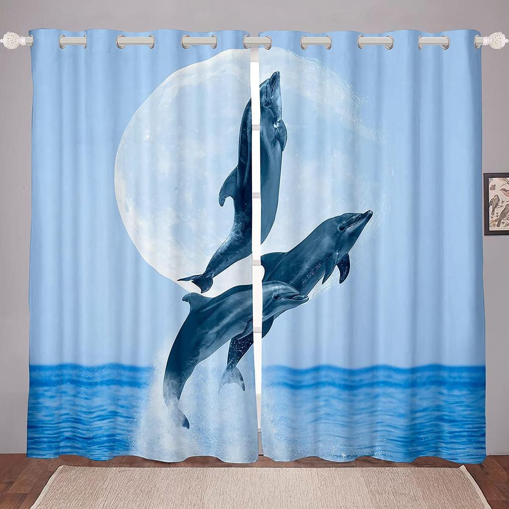 Cute Cartoon Dolphin Curtains Grommet Light Filtering Window Print Pattern Sea Animal Theme Curtain Bedroom Living Room 2 Panels