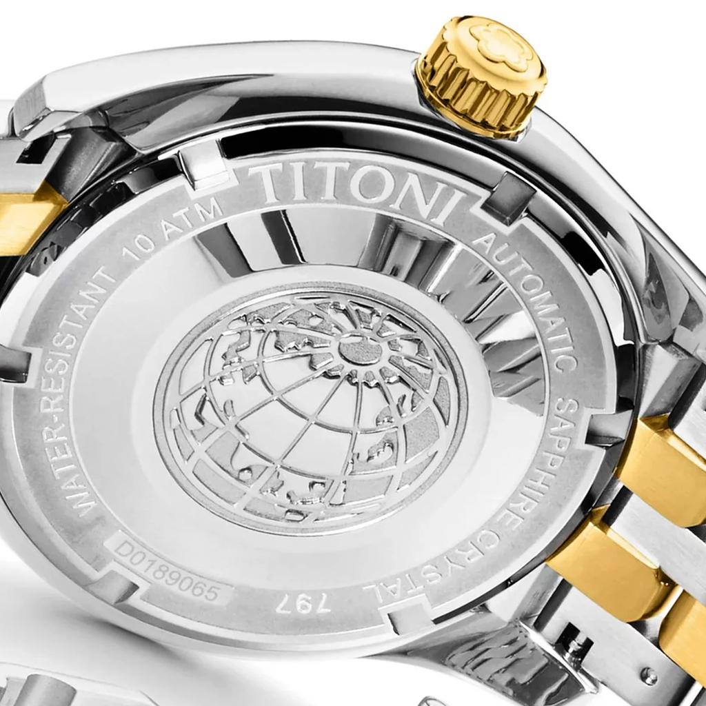Titoni Автоматические механические часы с изображением цветущей сливы, водонепроницаемость 100 метров, мужские, 40 мм, серебристый циферблат, ремешок из нержавеющей стали с PVD-покрытием под золото 797 SY-695