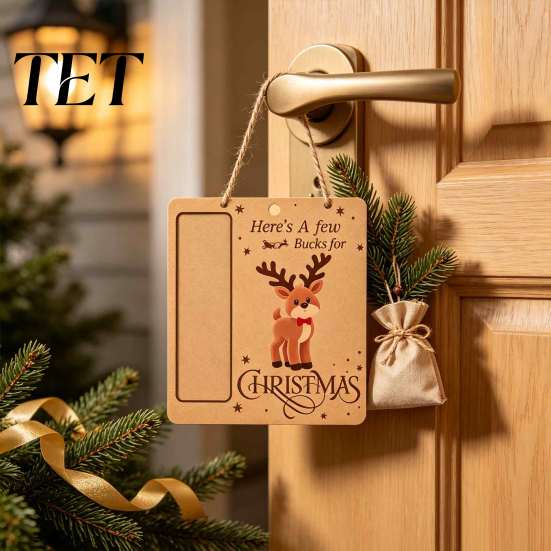 Christmas Money Holder Ornament Wooden Holder, Vintage Cash Gift Hanging Ornaments Holiday Box with Santa/Snowman/Tree Pattern for Xmas Party,