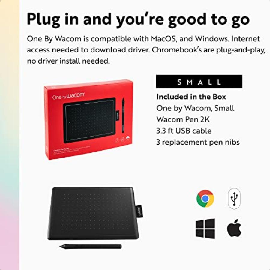 Графический планшет для рисования One by Wacom Small 8,3 x 5,7 дюйма Портативный Универсальный для студентов и создателей Эргономичный 2048 Prure S