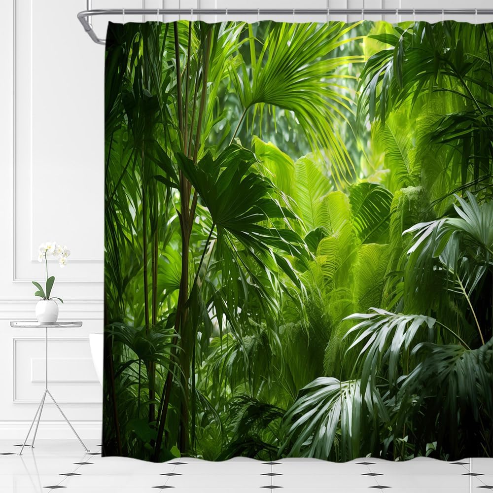 Jungle Shower Curtain Tropical Rainforest Palm Leaf Forest Tree Nature Summer Scenic Bathroom Decor Set with Hooks