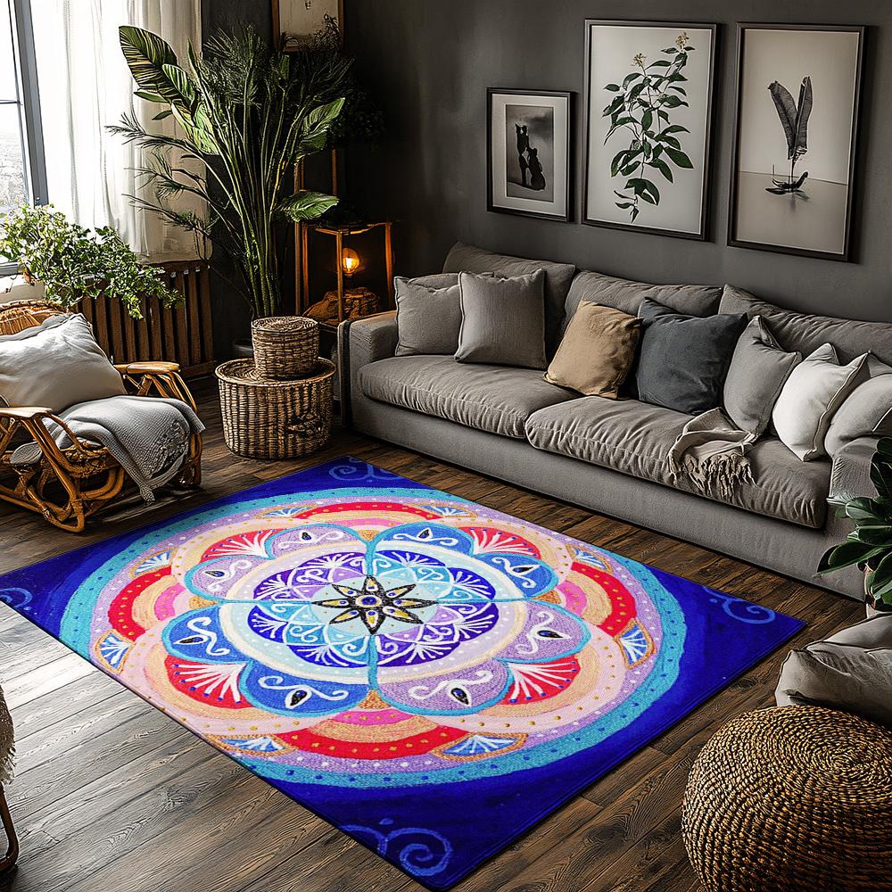 Bohemian Area Rug Mandala Carpet Meditative Floor Mat Spiritual Home Decor Yoga Room Accent Peaceful Living Unique Design Non-Sl