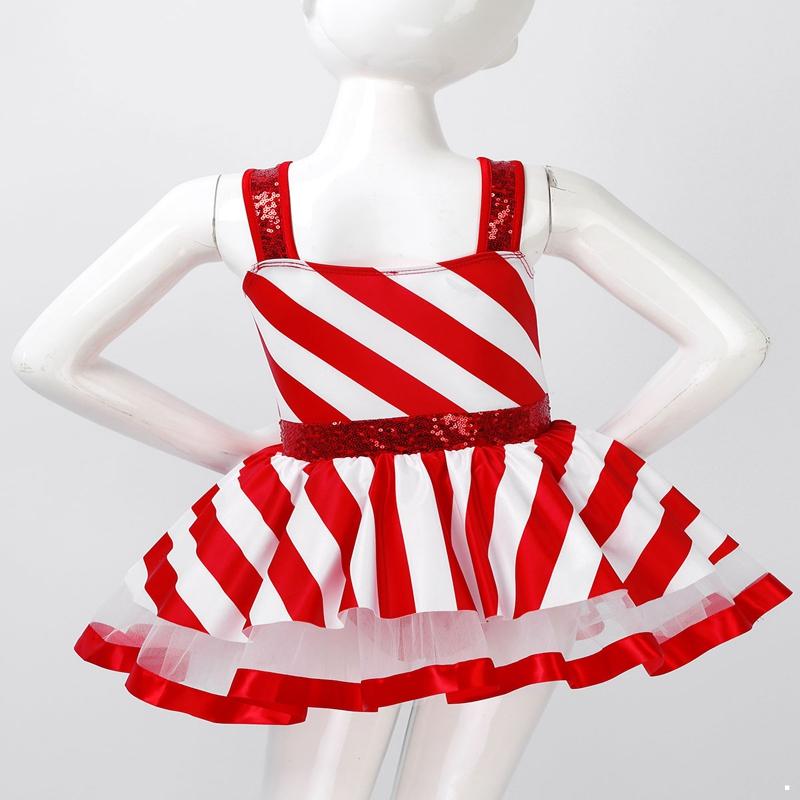 Kids Girls Christmas Dance Cosplay Costumes Shiny Sequins Striped Dress Figure Ice Skating Roller Skating
