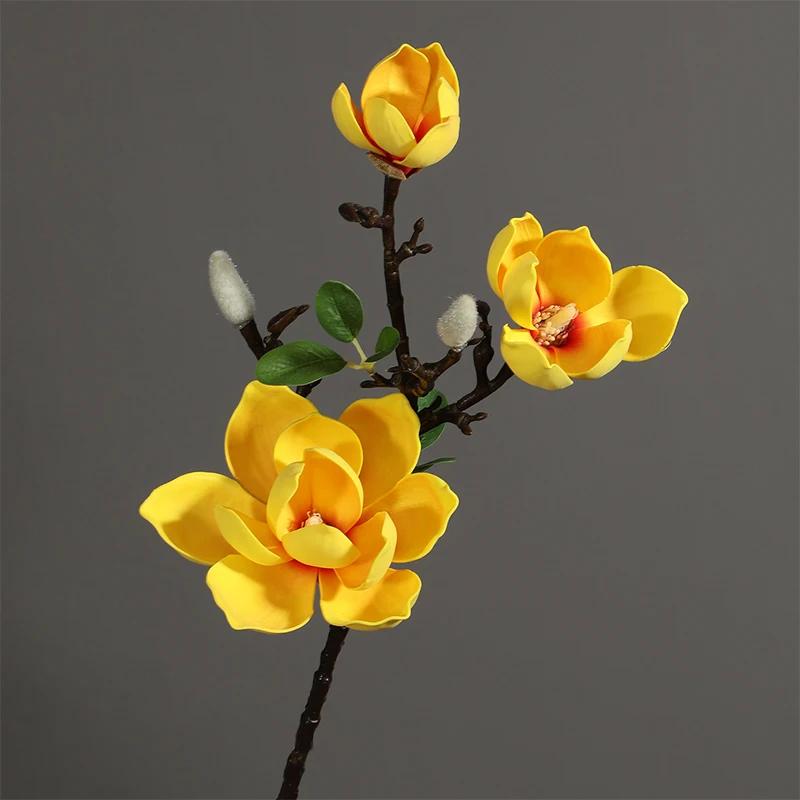 Высококачественный букет магнолии 70 см с эффектом реального прикосновения для флористики, 3 головки, искусственная композиция из ПУ, свадебный домашний декор для гостиной