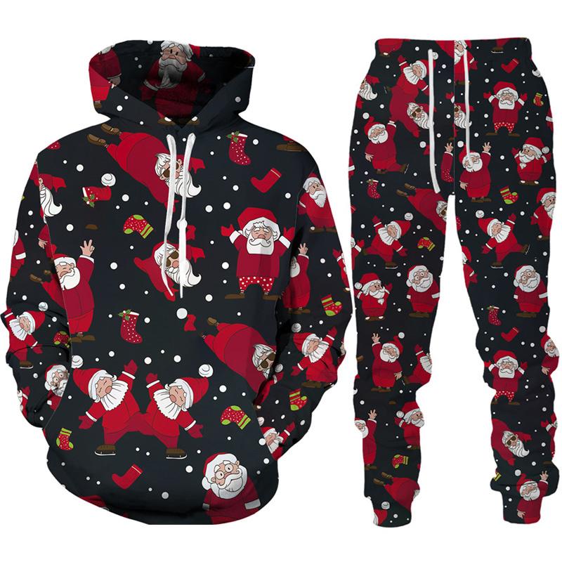 Новый год, Рождество, Санта-Клаус, толстовки с 3D принтом, брюки, спортивный костюм, новинка, костюм из 2 предметов для пары, уличная одежда для вечеринки