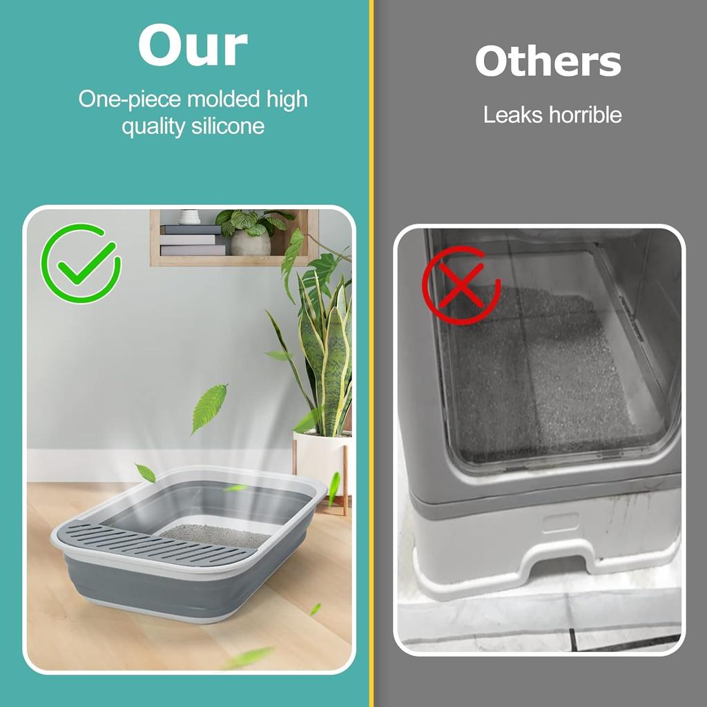 Складной лоток для кошек, большой, с регулируемой высотой, открытый, с защитой от разбрызгивания, для котят, легко чистится, с совком (Серый)