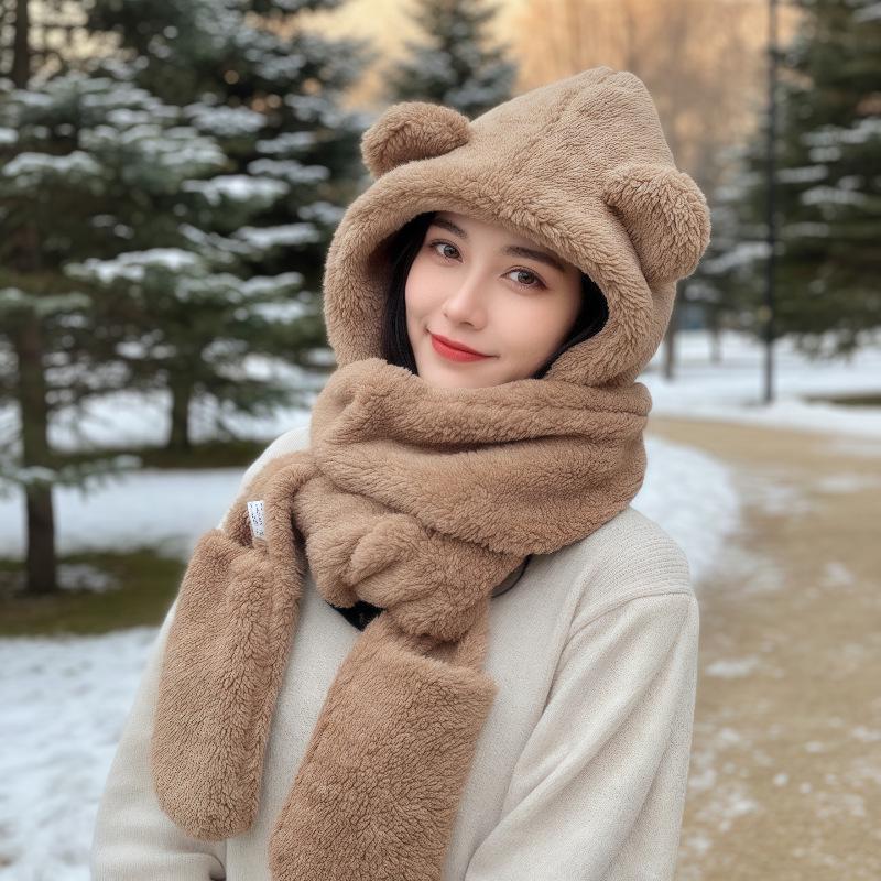 Женская теплая шапка с мишкой: Комплект пуловер, шарф и маска для велоспорта и защиты от холодной погоды