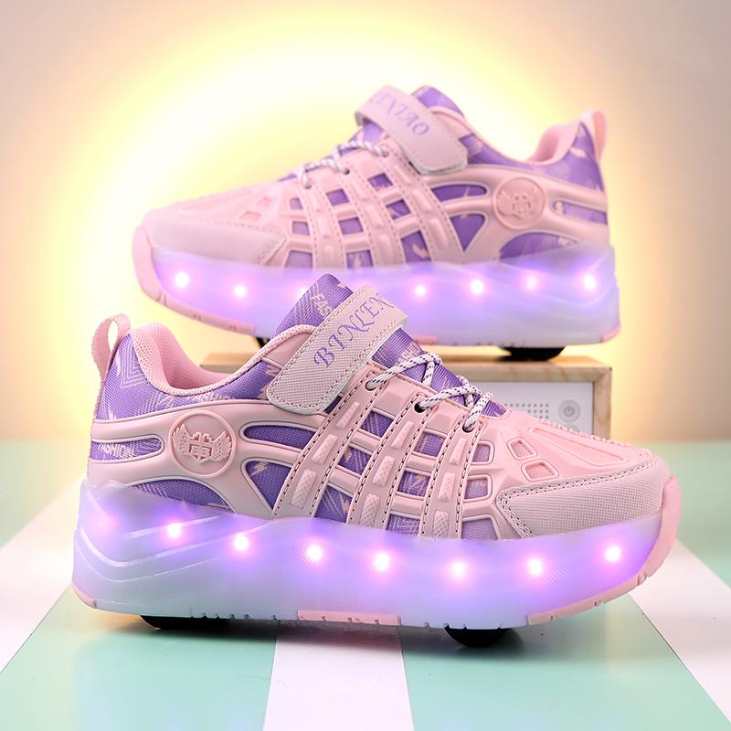 Четырехколесные роликовые коньки, детская спортивная обувь с выдвижными автоматическими колесами, зарядка через USB, светодиодная спортивная обувь