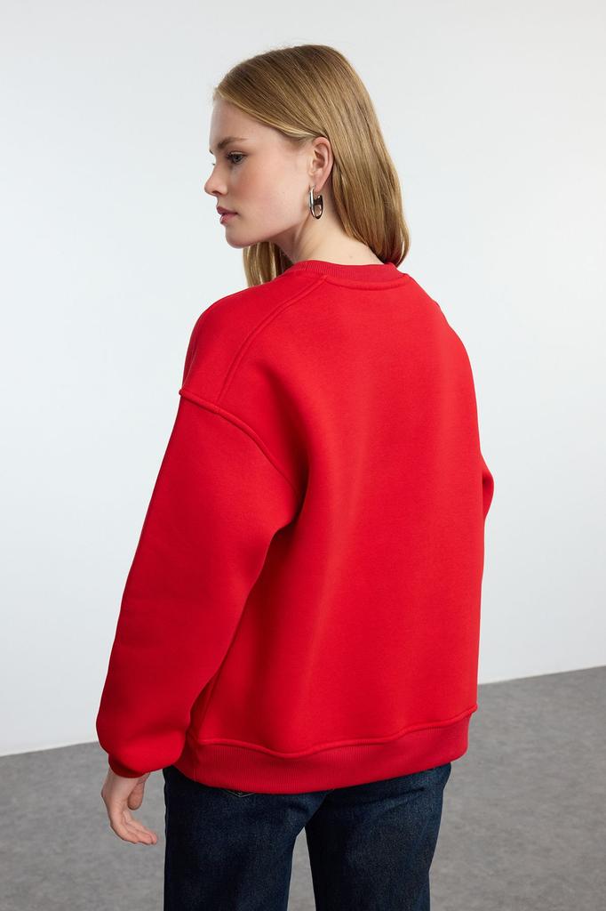 Женская модная стильная толстовка с красным слоганом и вышитым узором оверсайз, толстая внутри флисовая вязаная толстовка