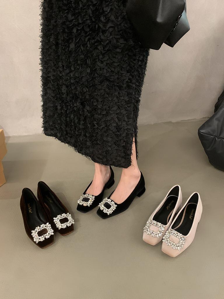 Coarse Heel French Rhinestone Temperament Single Shoes Women's Shoes 2025 New Spring and Autumn Black Square Head High-end Commuting Shoes